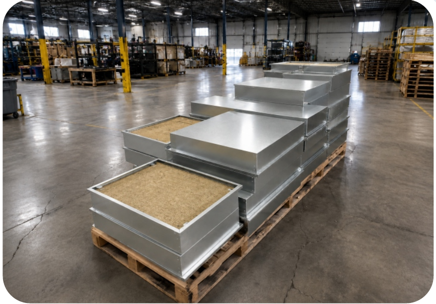 Insulated galvanized ProSteel curtain wall backpans staged inside the fabrication facility