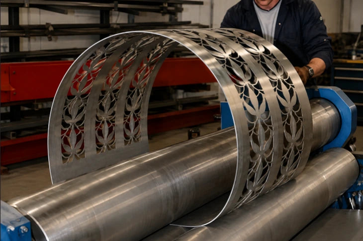 Decorative steel sheet being formed on industrial bending rollers