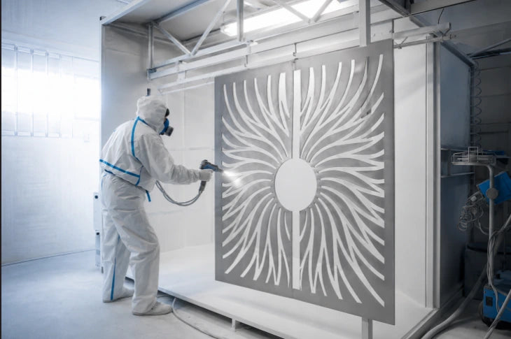 Applying powder coating to a decorative metal panel
