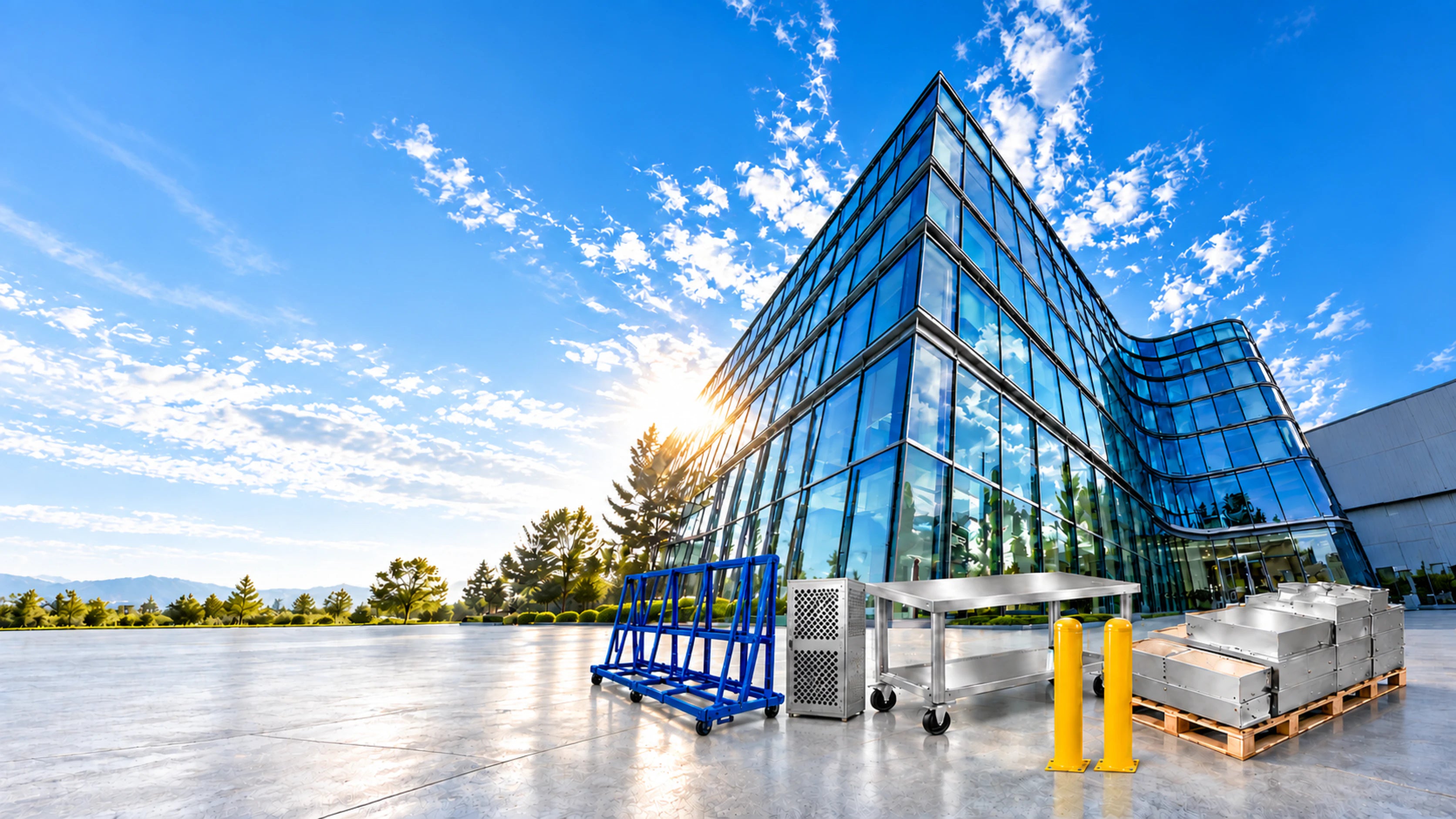 Modern curtain wall building with ProSteel metal gas cage, transport rack, metal table, safety bollards, and fabricated backpans