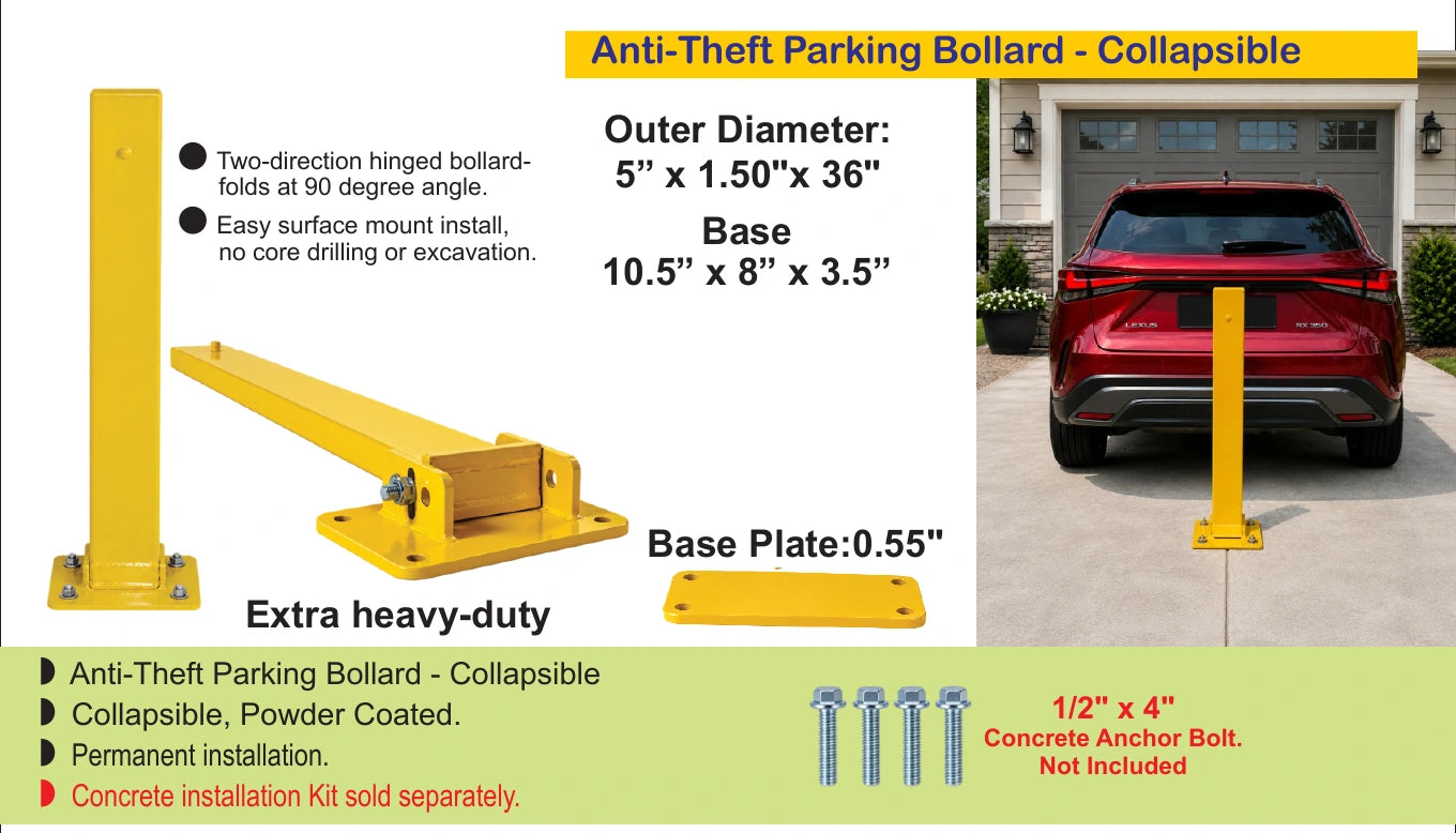 Yellow collapsible anti-theft parking bollard with base plate — Brochure panel