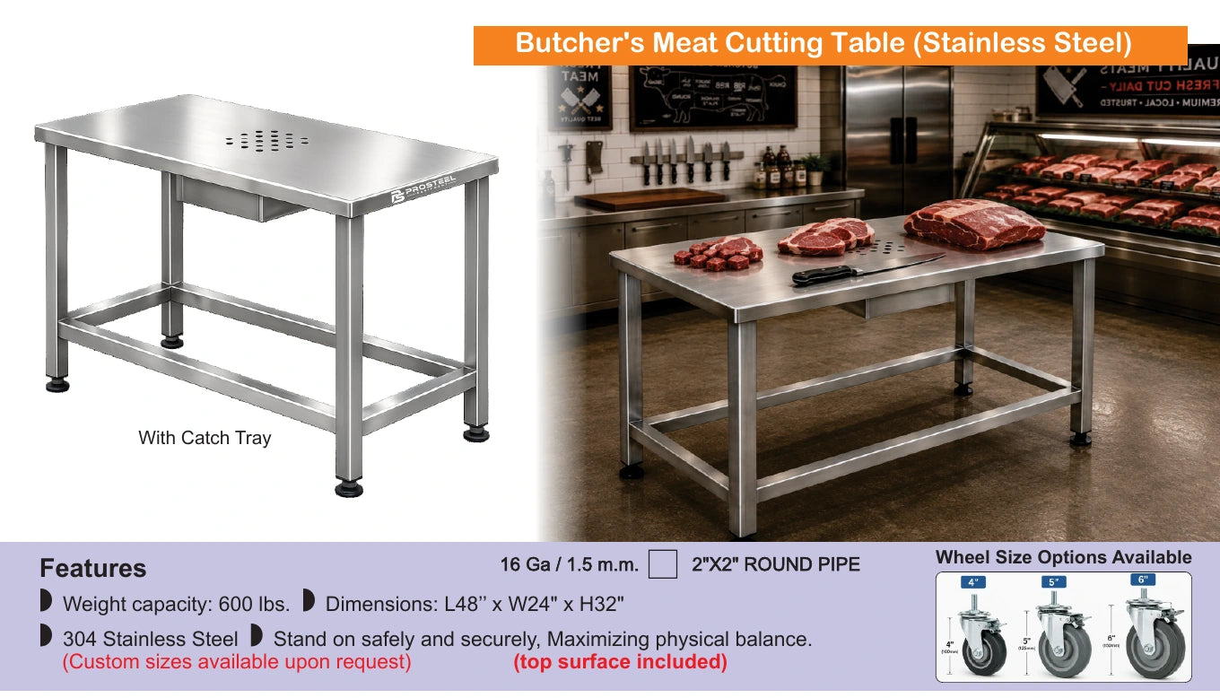 Stainless steel butcher meat cutting table with catch tray — Brochure panel