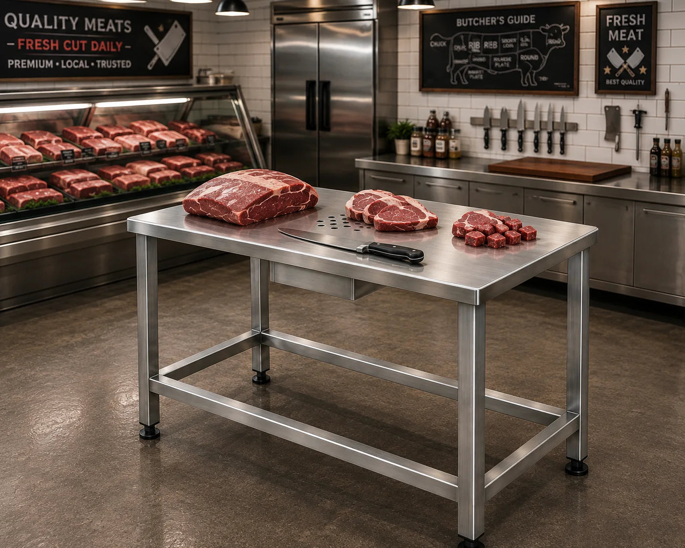 Butcher's Meat Cutting Table application example; configuration may vary