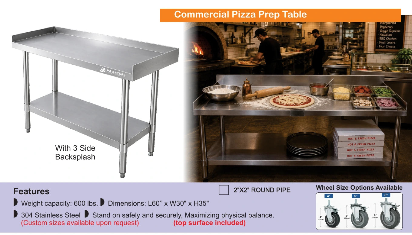 Commercial stainless steel pizza prep table with three-sided backsplash — Brochure panel