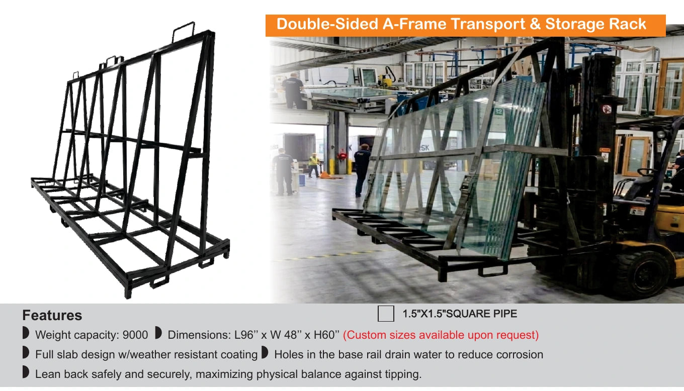 Double-sided rack transporting glass by forklift — Brochure panel
