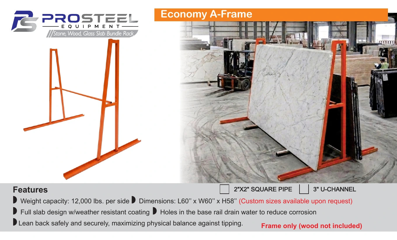 Orange Economy A-Frame holding stone slabs — Brochure panel