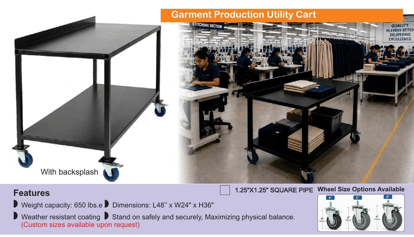 Black garment production utility cart with backsplash — Brochure panel