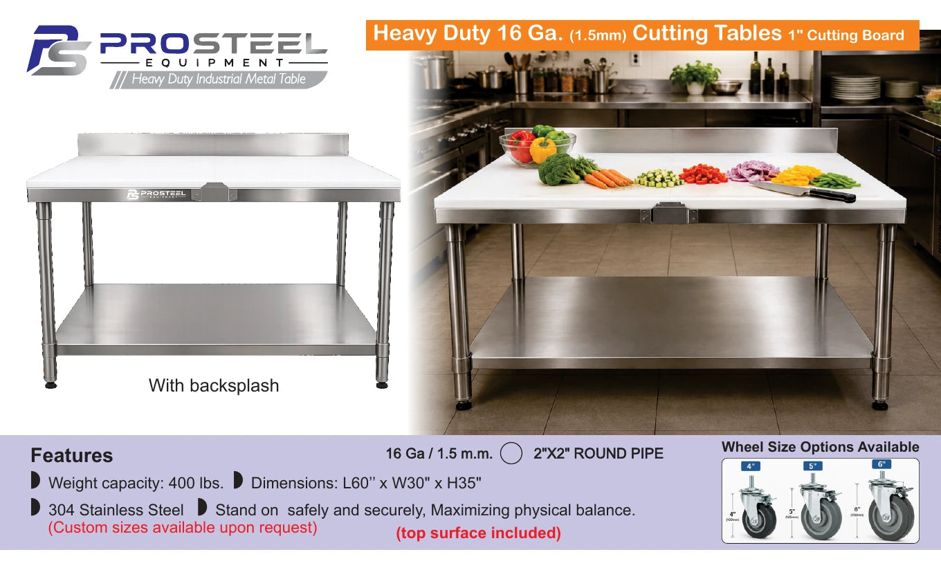 Stainless steel heavy-duty cutting table with backsplash — Brochure panel