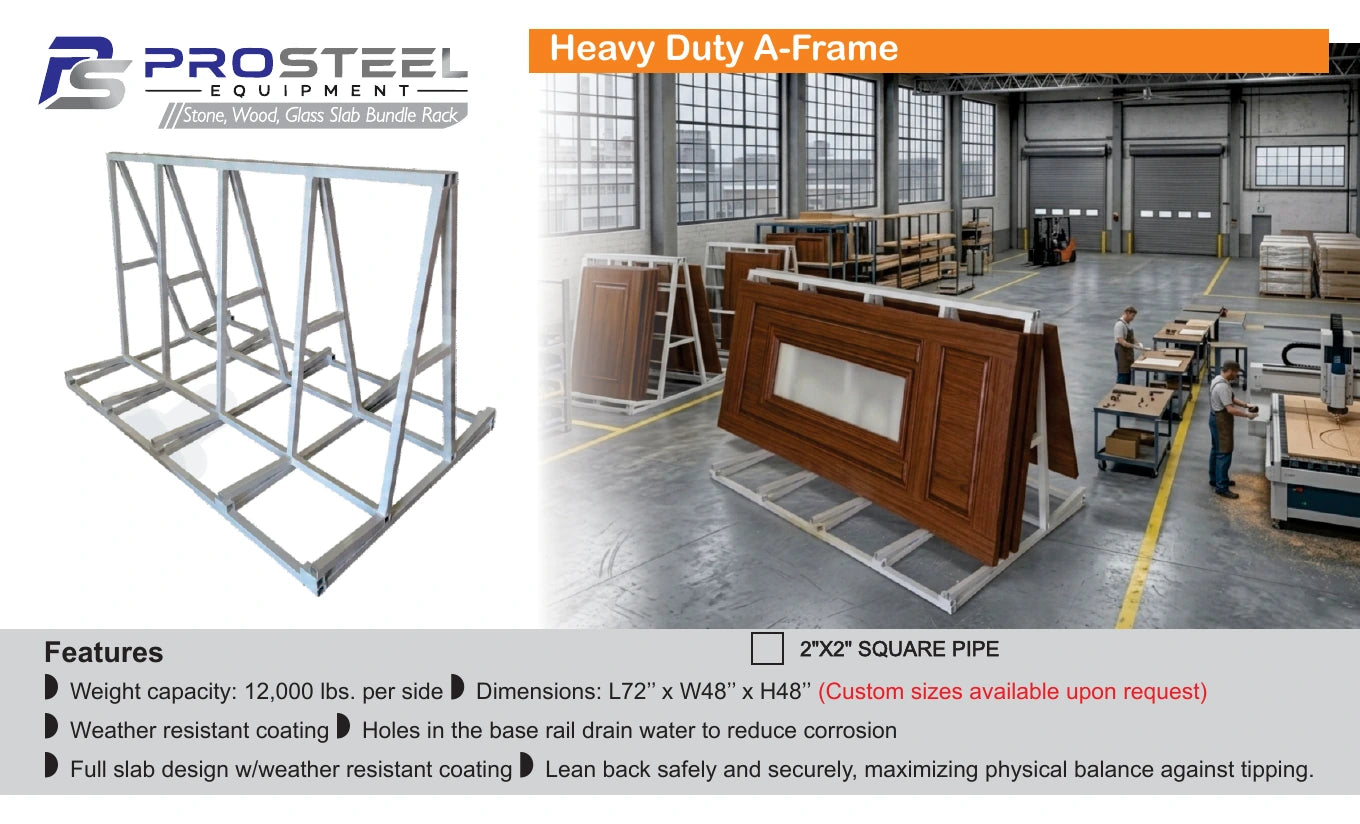 Heavy-duty A-frame rack in a production facility — Brochure panel