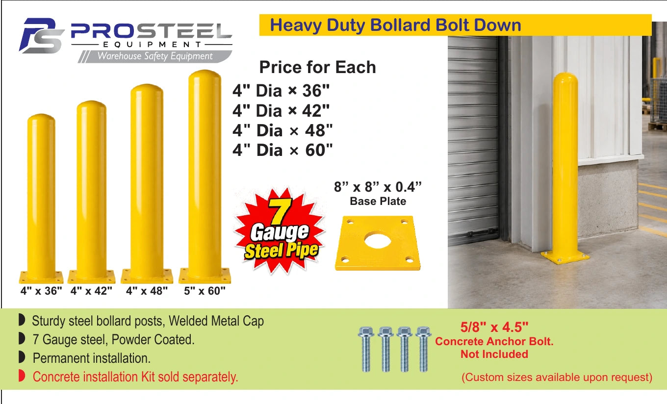 Yellow 4 inch by 48 inch ProSteel bolt-down bollard — Brochure panel