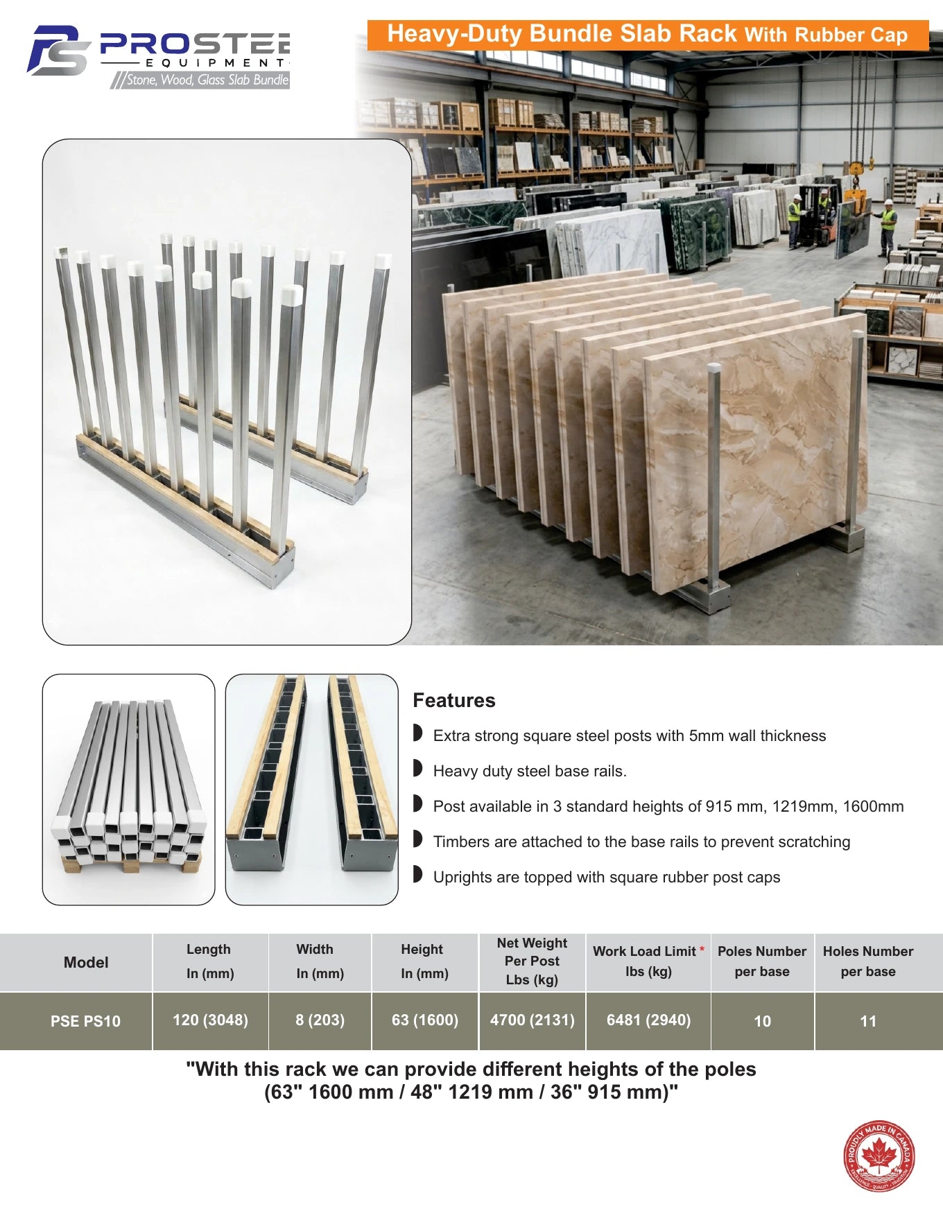 Silver heavy-duty bundle slab rack with timber-lined rails and white rubber post caps — Brochure panel