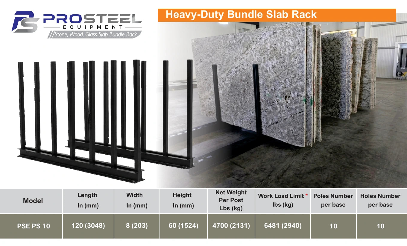Heavy-duty bundle slab rack storing stone bundles — Brochure panel