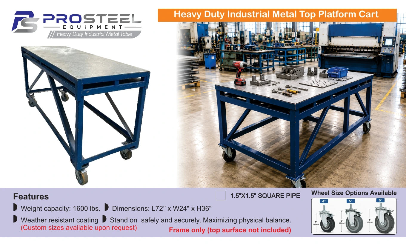 Blue heavy-duty industrial platform cart with metal top — Brochure panel