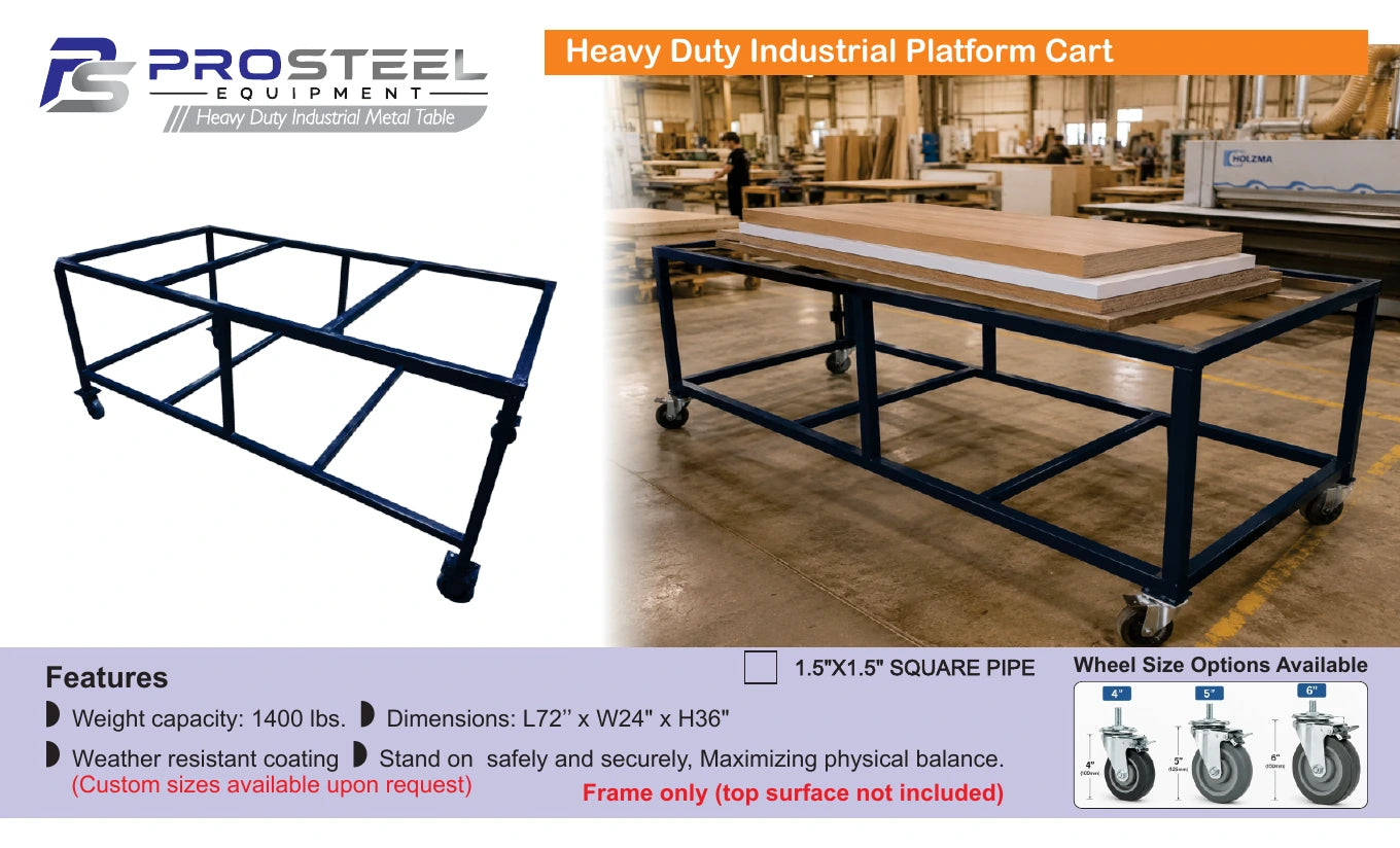 Blue heavy-duty industrial platform cart frame — Brochure panel