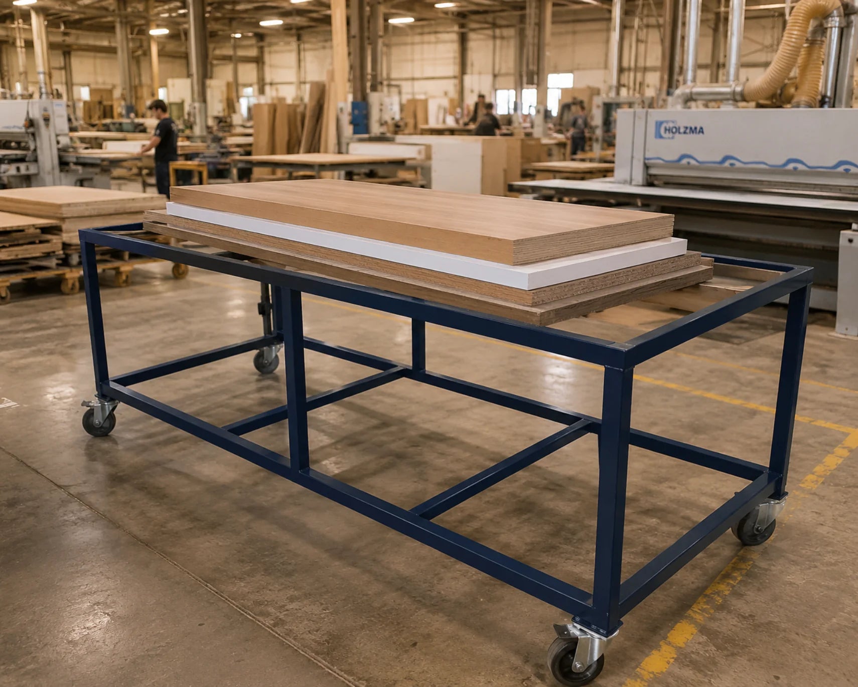 Blue heavy-duty industrial platform cart frame — Application example; size and configuration may vary