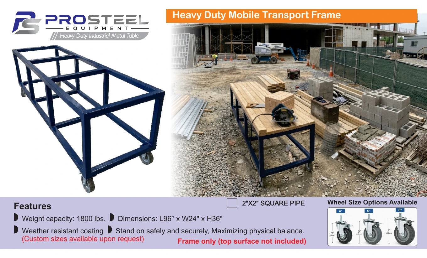 Blue heavy-duty mobile transport frame on casters — Brochure panel