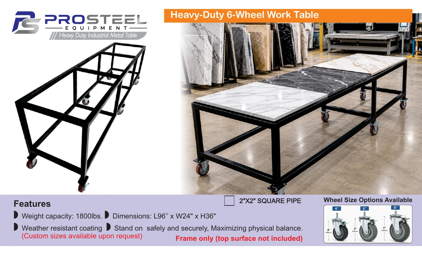 Black heavy-duty six-wheel work table frame — Brochure panel