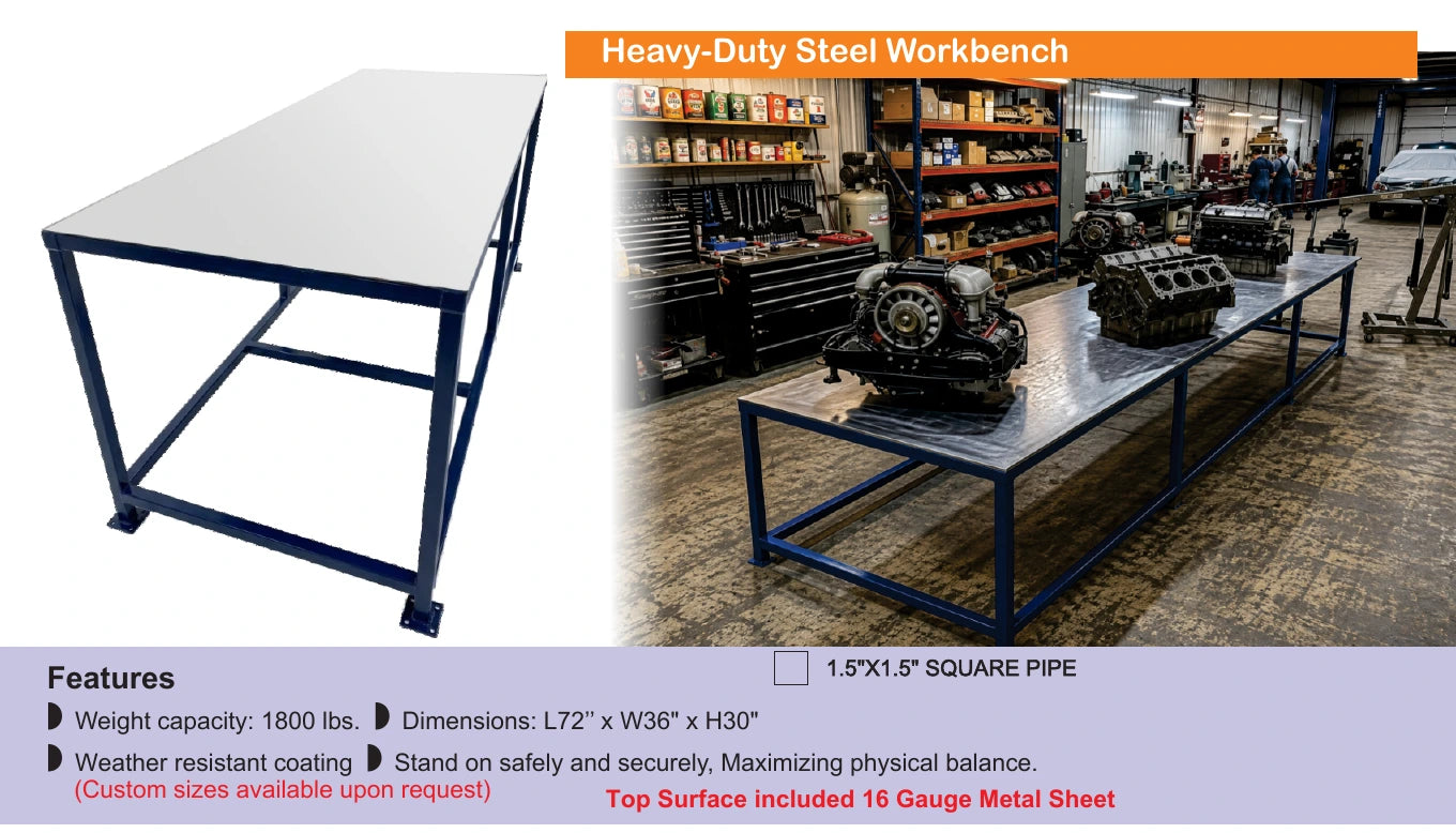 Heavy-duty steel workbench with metal sheet top — Brochure panel