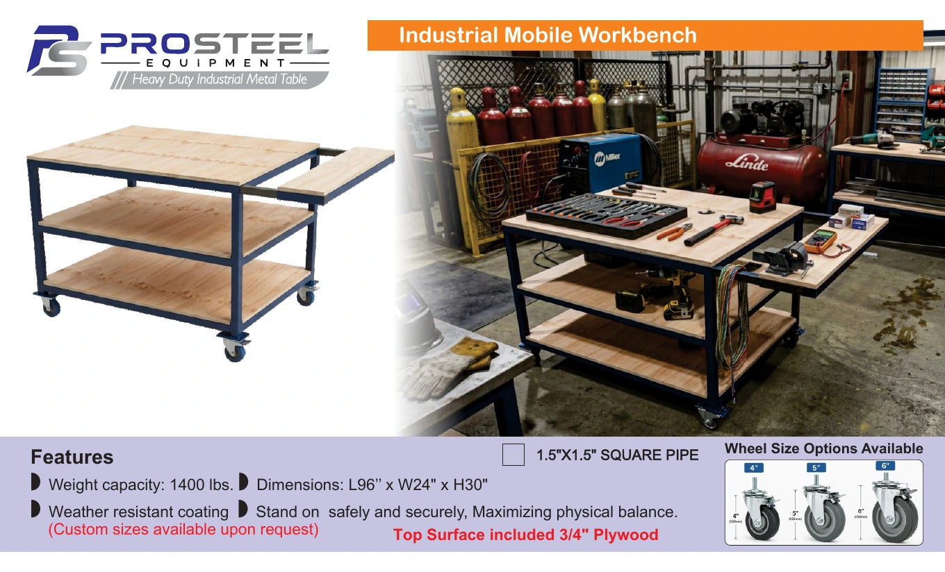 Industrial mobile workbench with plywood top and lower shelf — Brochure panel
