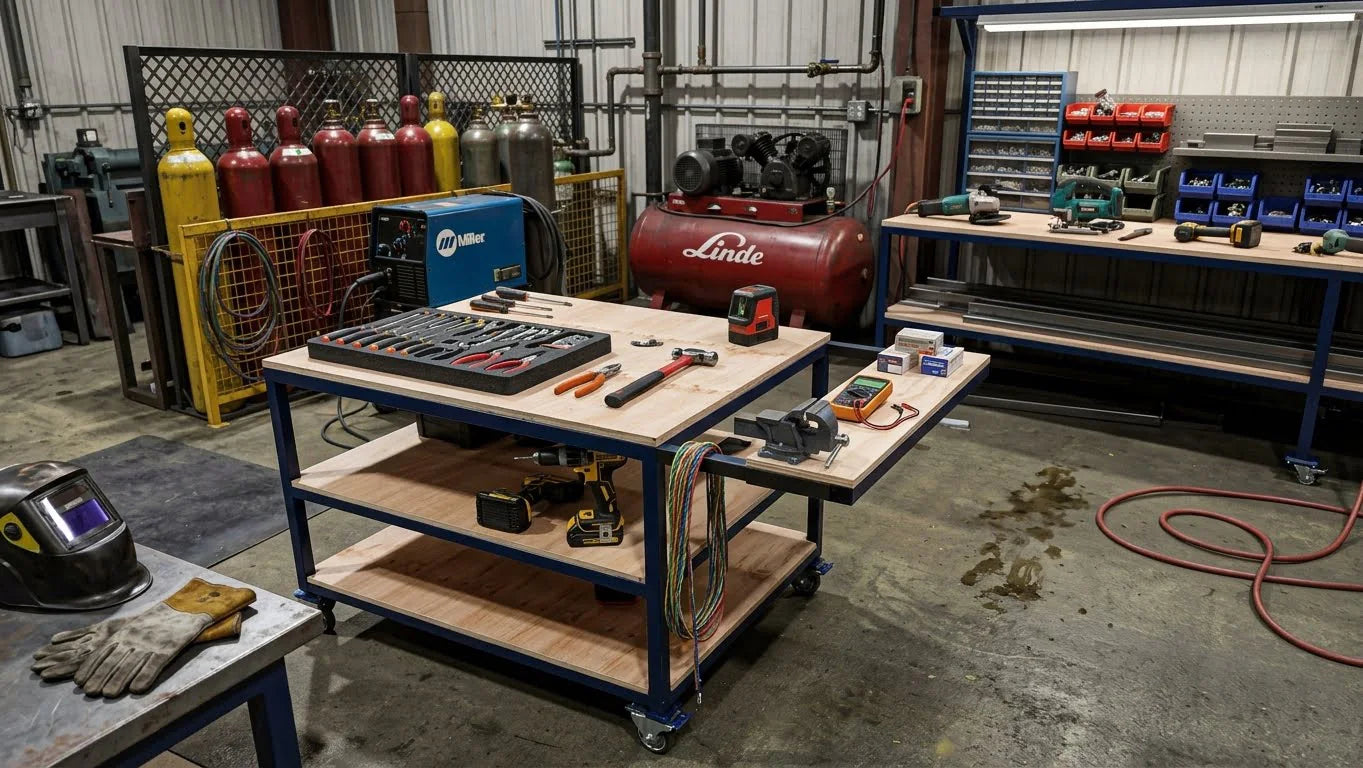 Industrial mobile workbench with plywood top and lower shelf — Application example; size and configuration may vary