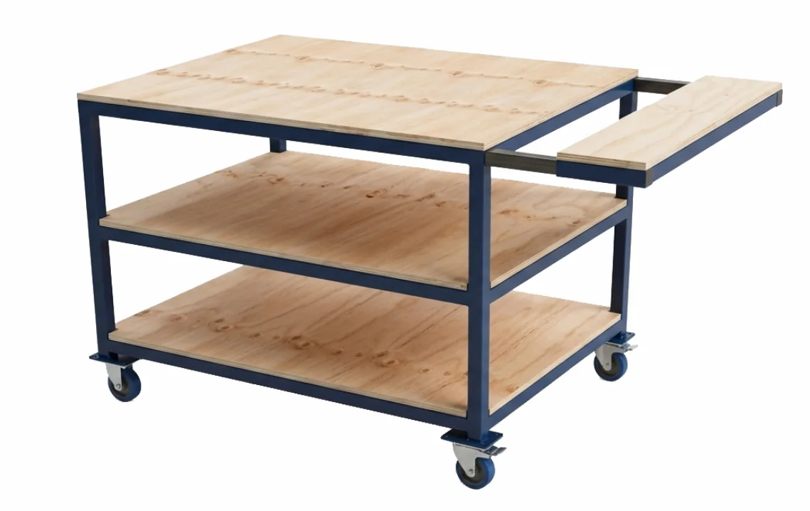 Industrial mobile workbench with plywood top and lower shelf — Product photo