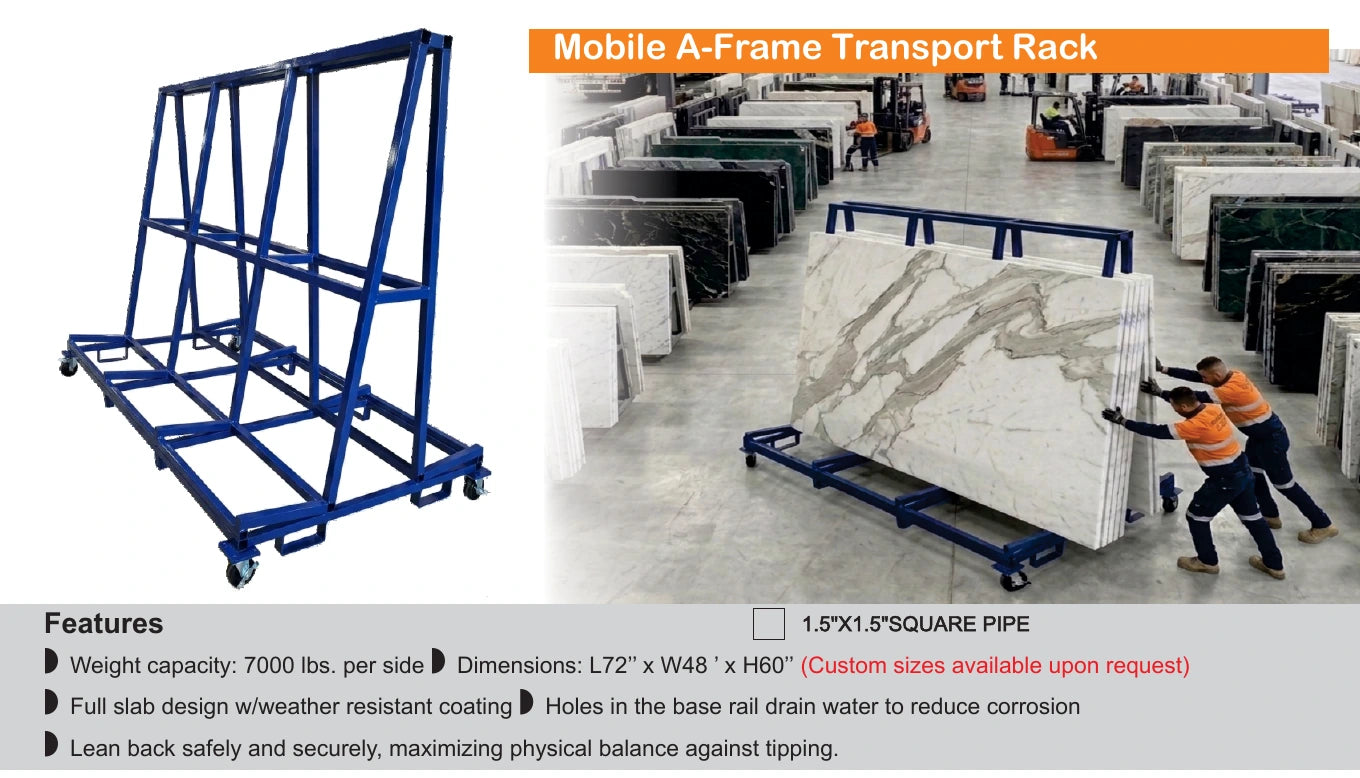 Blue mobile A-frame carrying stone slabs — Brochure panel