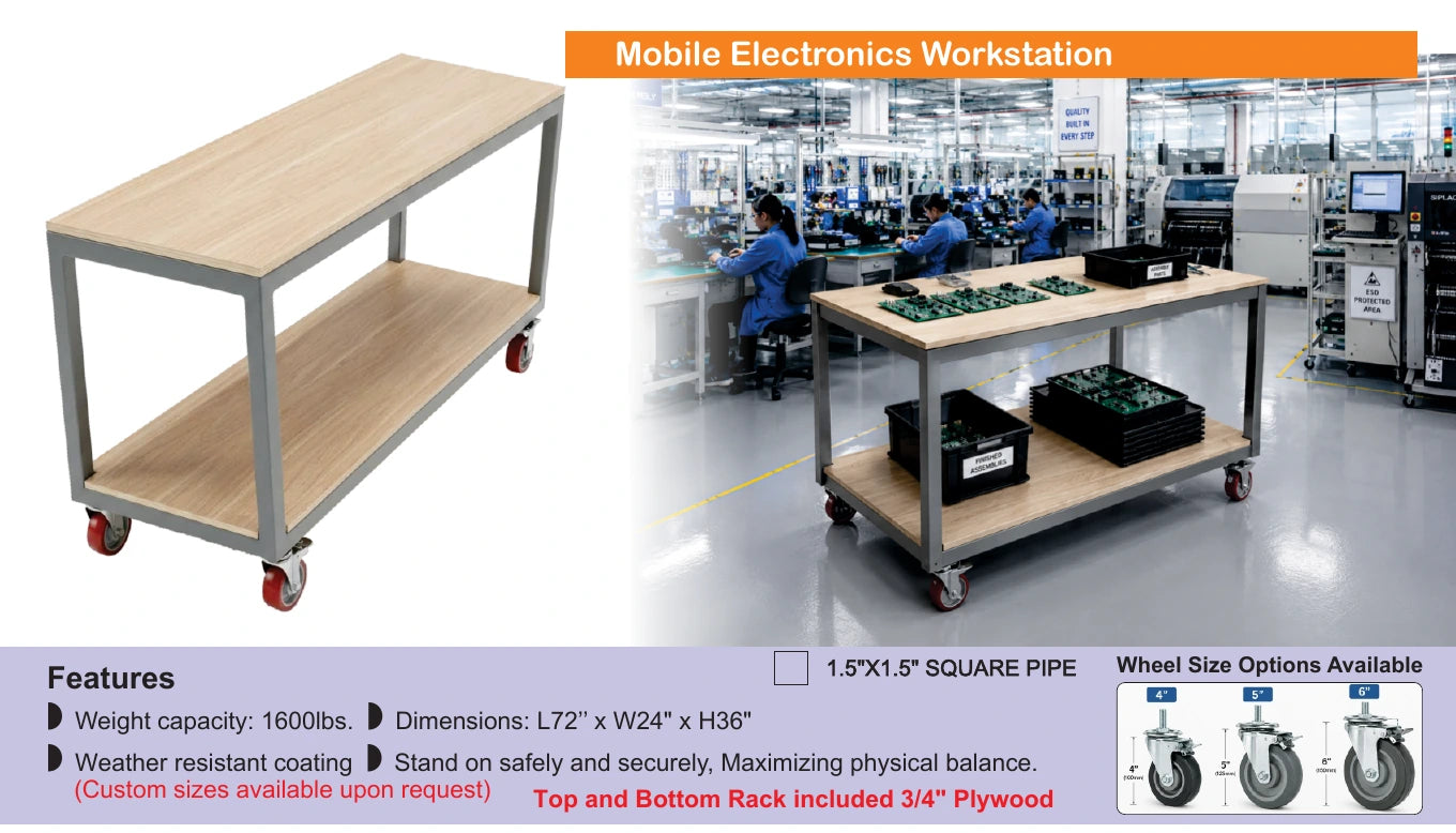 Mobile electronics workstation with plywood top and lower rack — Brochure panel