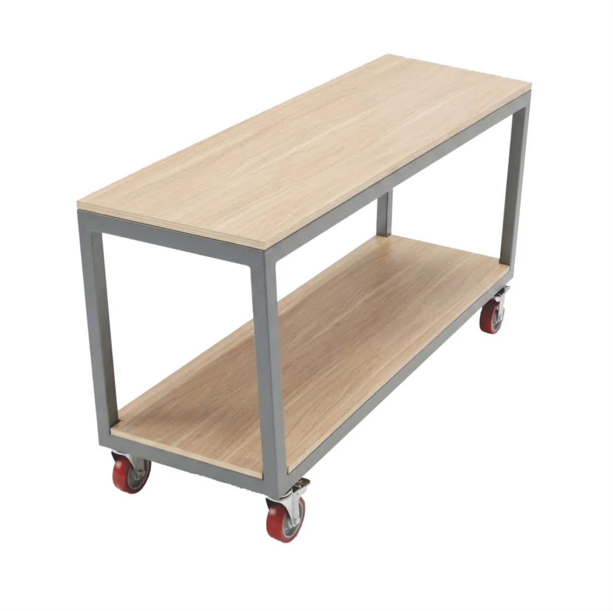 Mobile electronics workstation with plywood top and lower rack — Product photo
