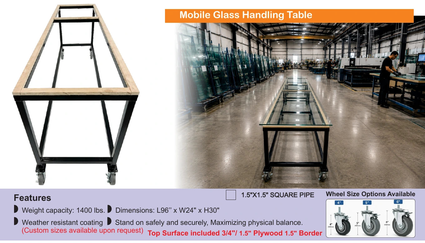 Mobile glass handling table with plywood border — Brochure panel