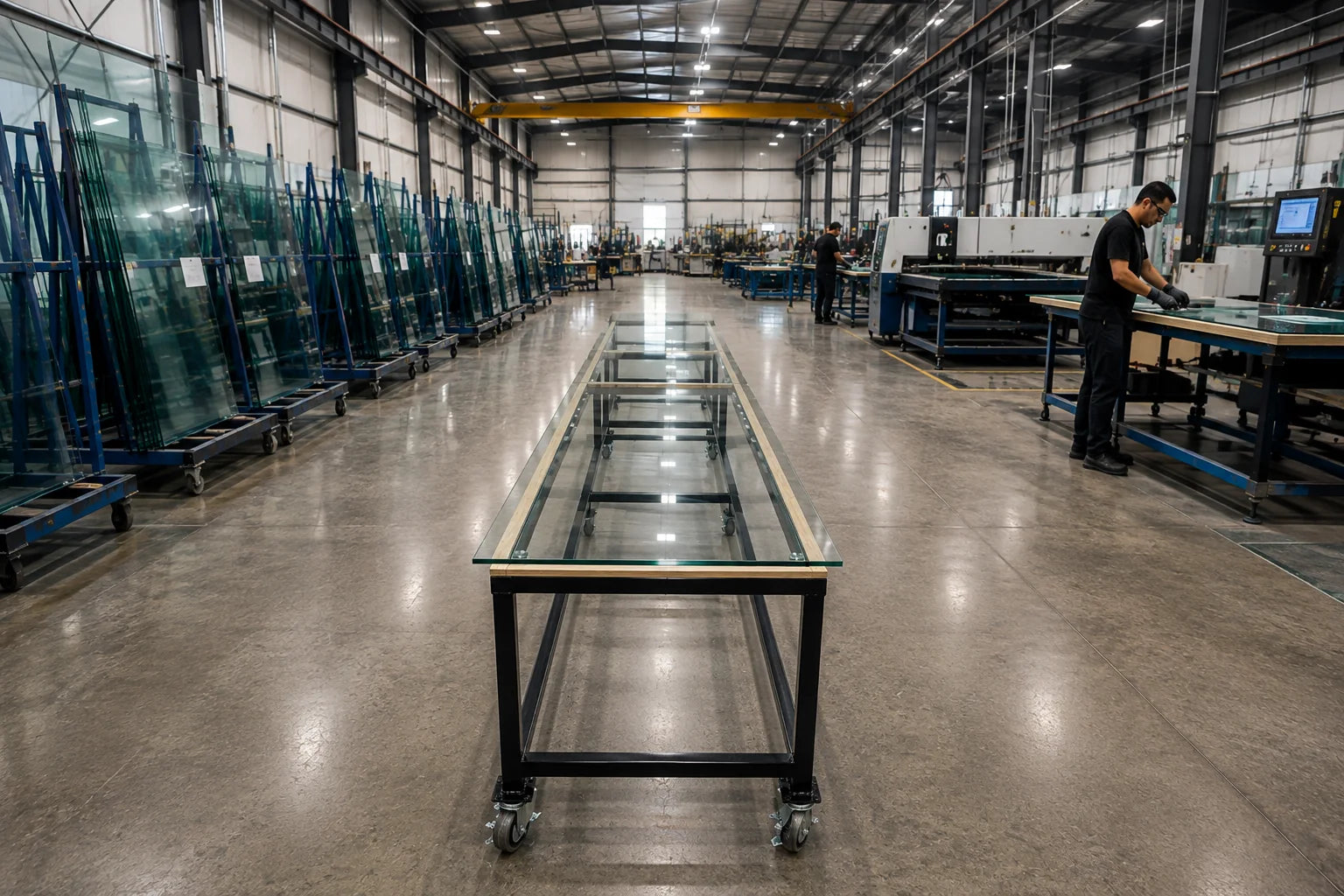 Mobile glass handling table with plywood border — Application example; size and configuration may vary