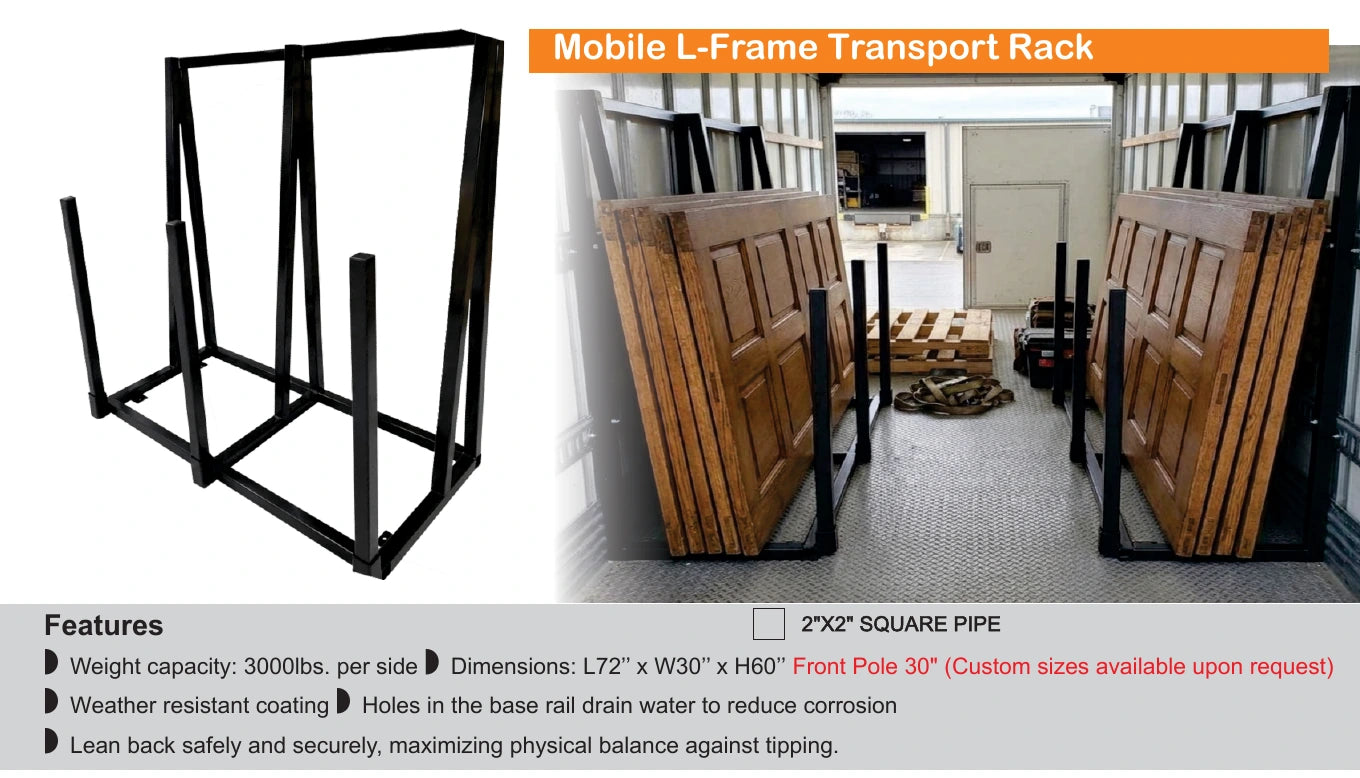 Black mobile L-frame transport rack with two tall rear supports and four front retaining posts — Brochure panel
