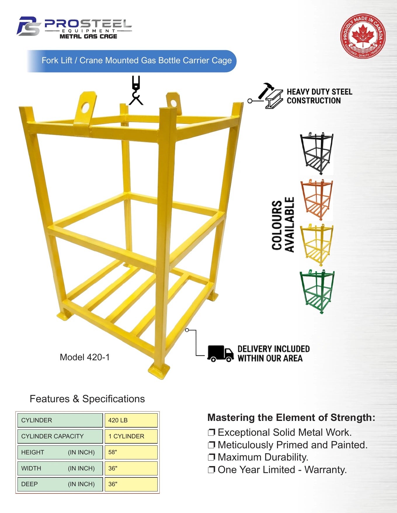 Yellow ProSteel forklift and crane-mounted bottle carrier — Brochure panel