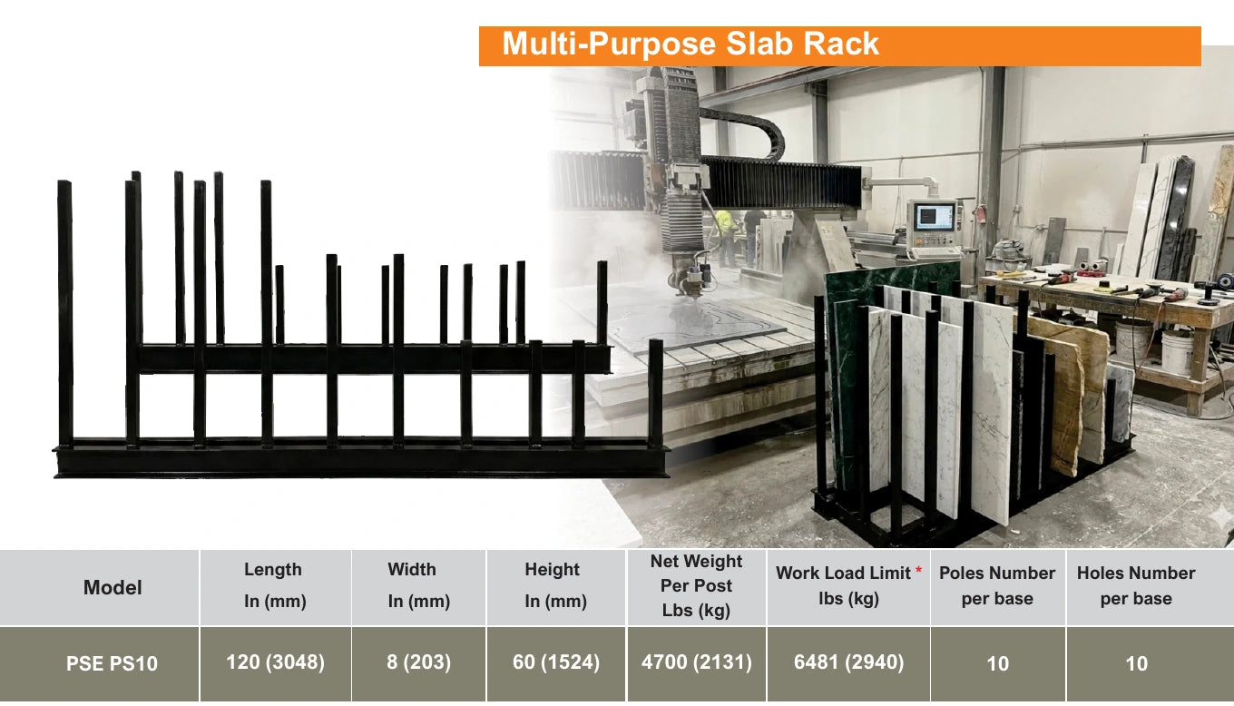 Black multi-purpose slab rack with removable posts in multiple heights — Brochure panel