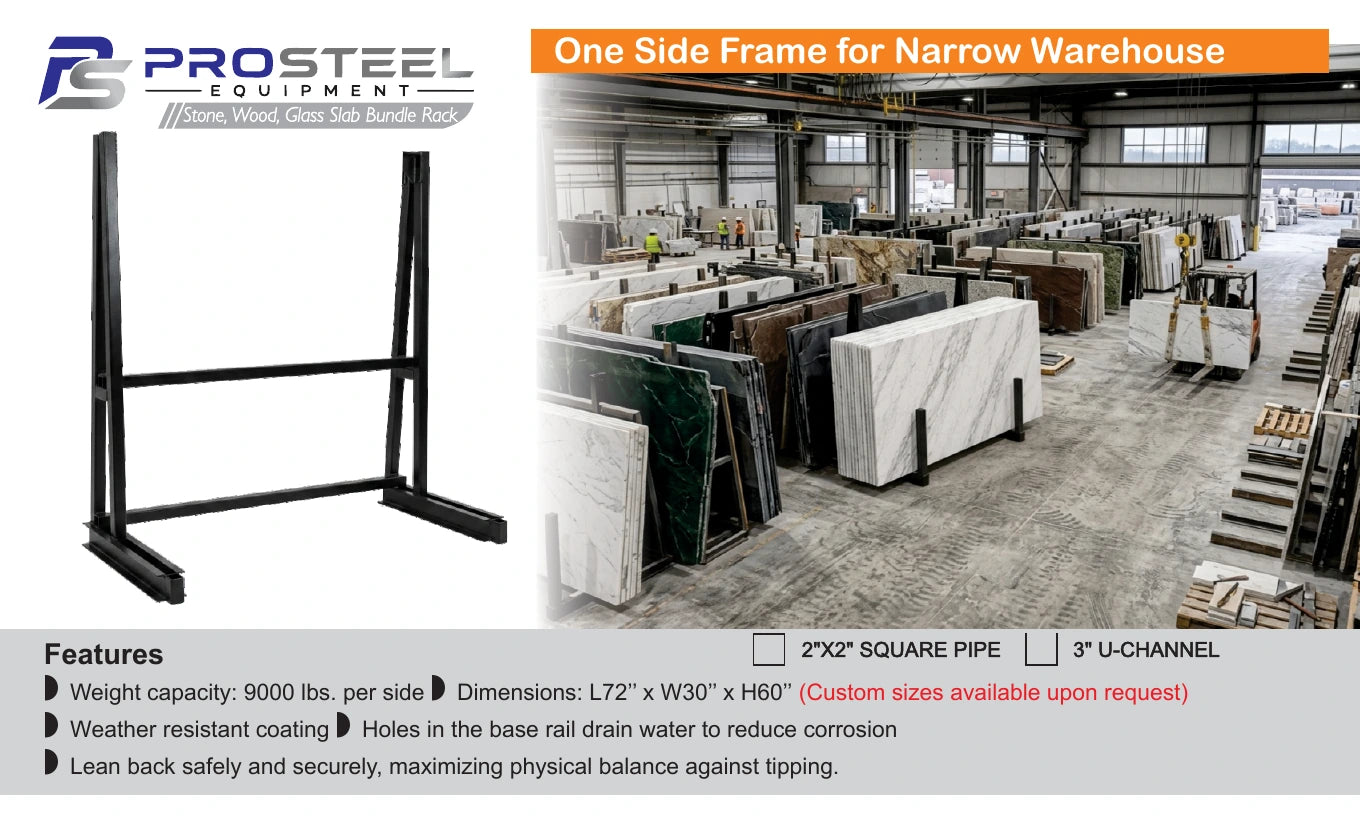 Black one-side frame with two tall rear supports for narrow warehouse storage — Brochure panel