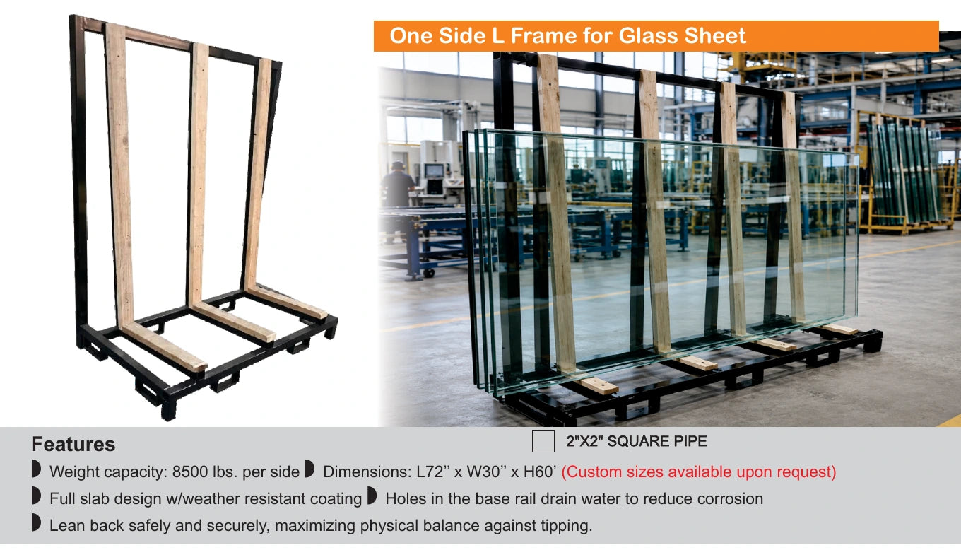 One-side L-frame carrying large glass sheets — Brochure panel