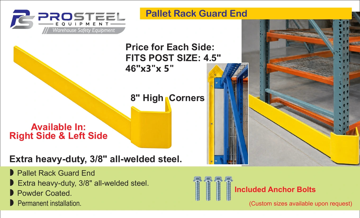 Yellow pallet rack guard end with low welded guard rail — Brochure panel