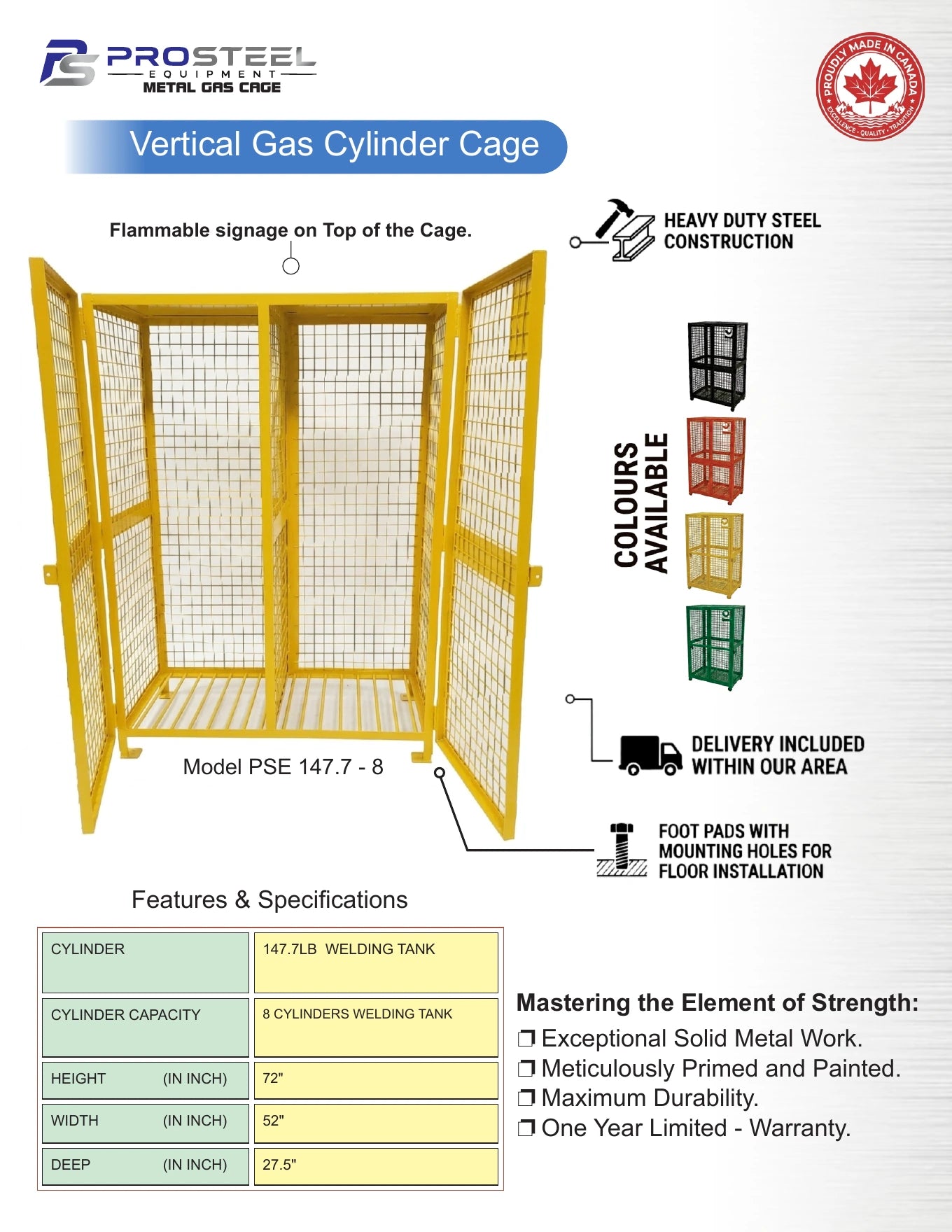 Customer-confirmed yellow ProSteel welding cylinder cage with cylinders inside — Brochure panel