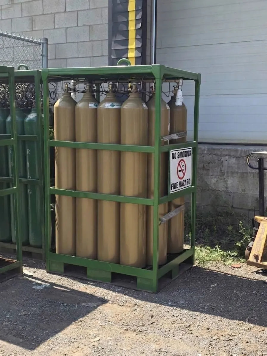 Customer-confirmed yellow ProSteel welding cylinder cage with cylinders inside — Application example; size and configuration may vary