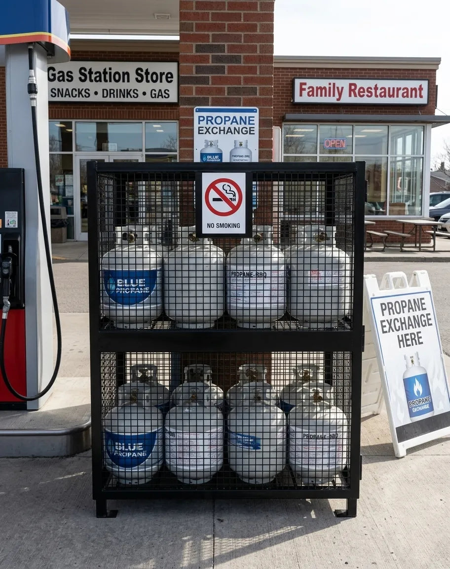 ProSteel cage for twelve barbecue cylinders — Application example; size and configuration may vary