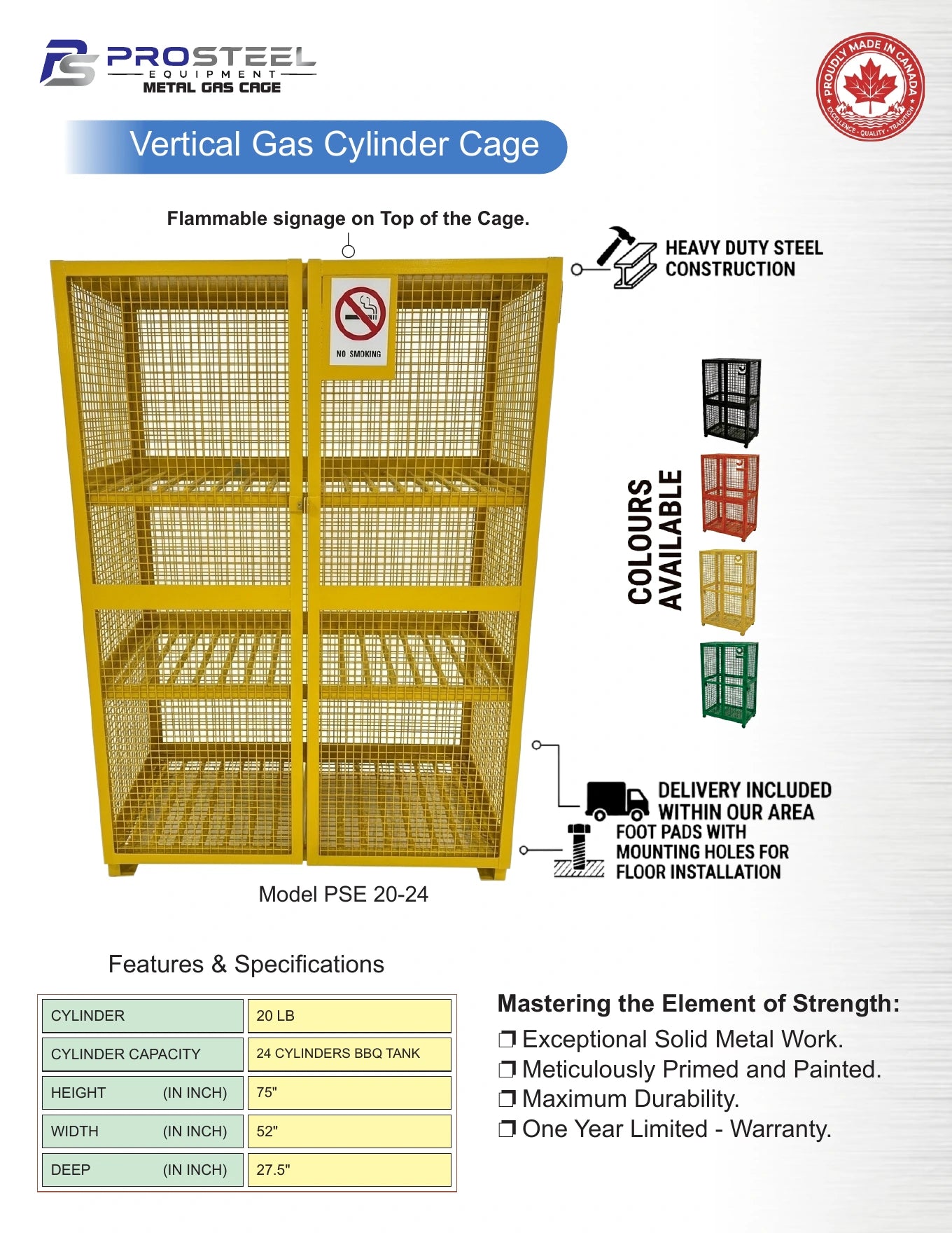 Tall yellow ProSteel cage for twenty-four barbecue cylinders — Brochure panel