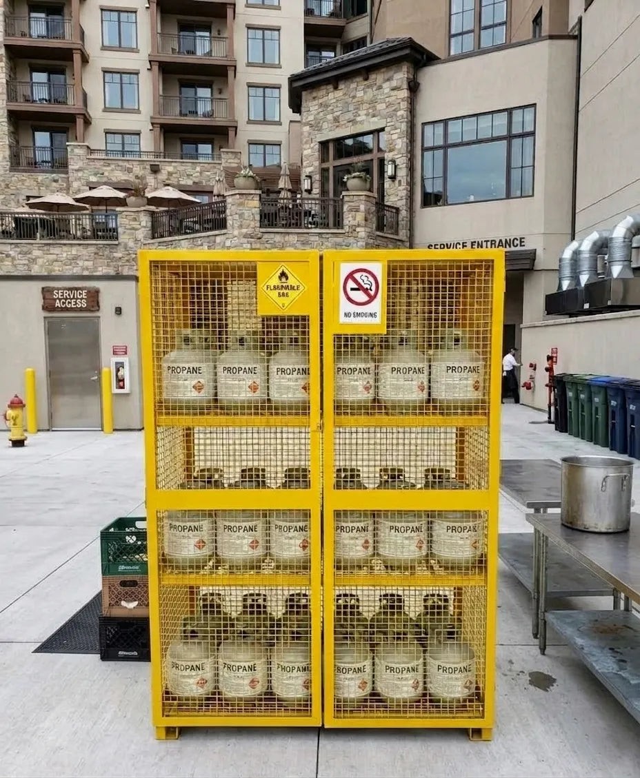 Tall yellow ProSteel cage for twenty-four barbecue cylinders — Application example; size and configuration may vary