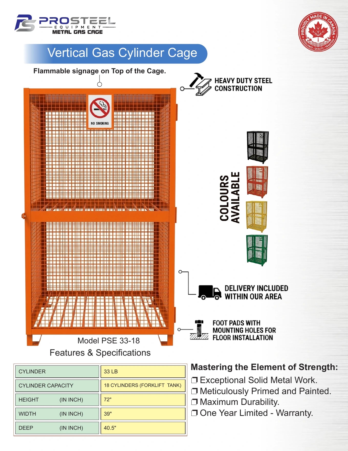 Orange ProSteel cage for eighteen forklift cylinders — Brochure panel