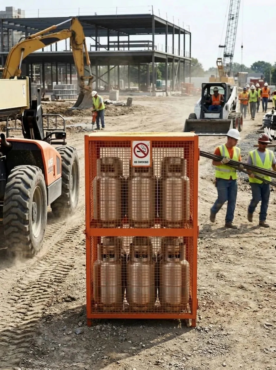 Orange ProSteel cage for eighteen forklift cylinders — Application example; size and configuration may vary