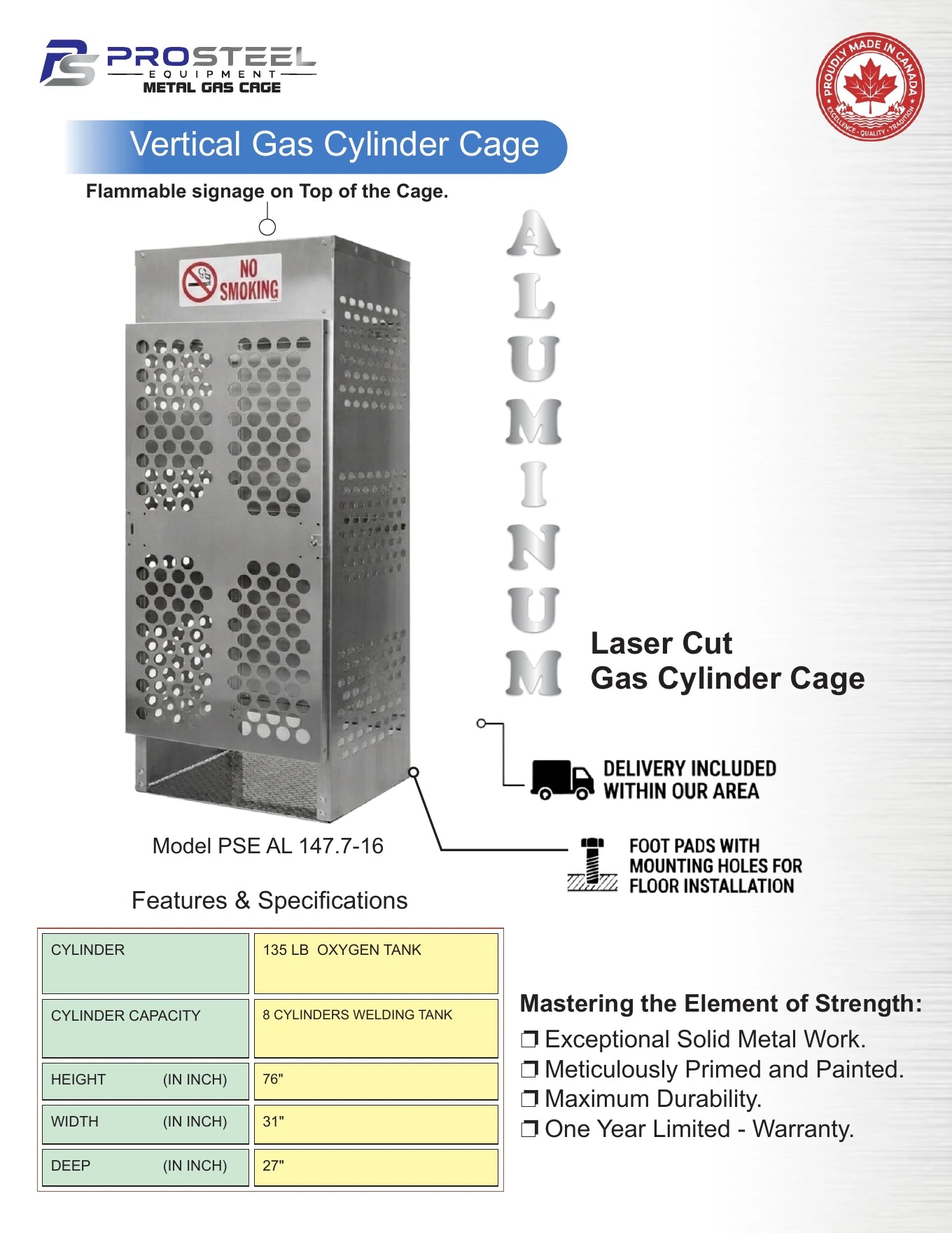Laser-cut aluminum ProSteel oxygen cylinder cage — Brochure panel