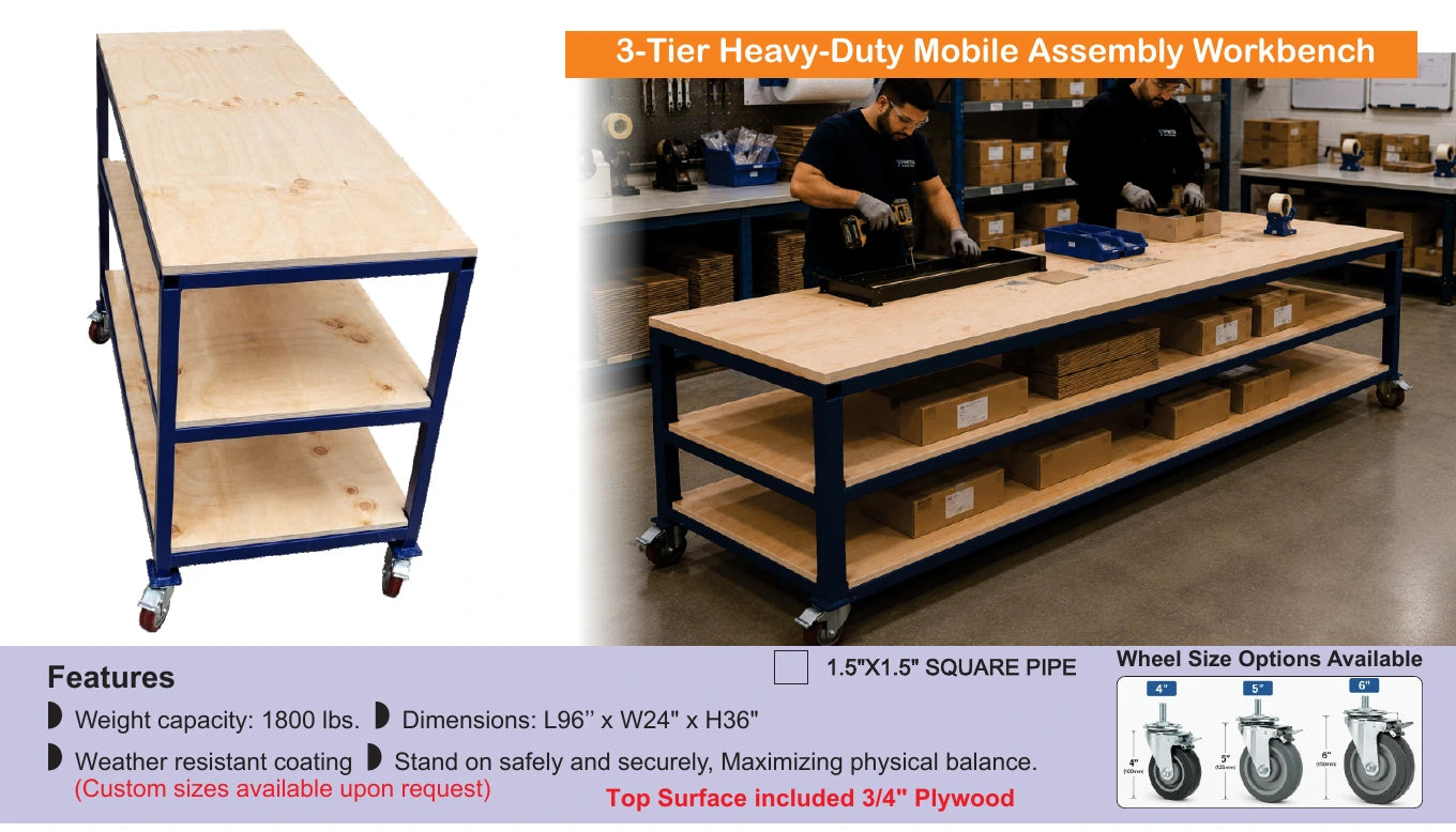 Three-tier heavy-duty mobile assembly workbench with plywood surfaces — Brochure panel