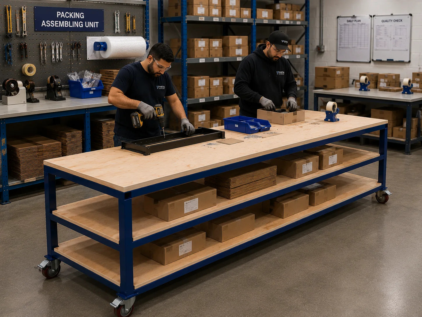 Three-tier heavy-duty mobile assembly workbench with plywood surfaces — Application example; size and configuration may vary