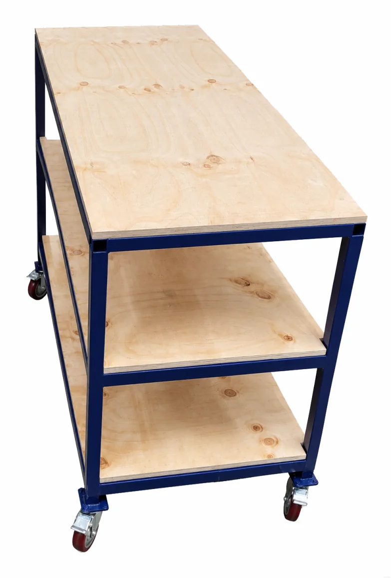 Three-tier heavy-duty mobile assembly workbench with plywood surfaces — Product photo