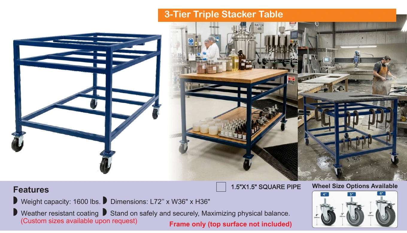 Blue three-tier triple stacker table on casters — Brochure panel