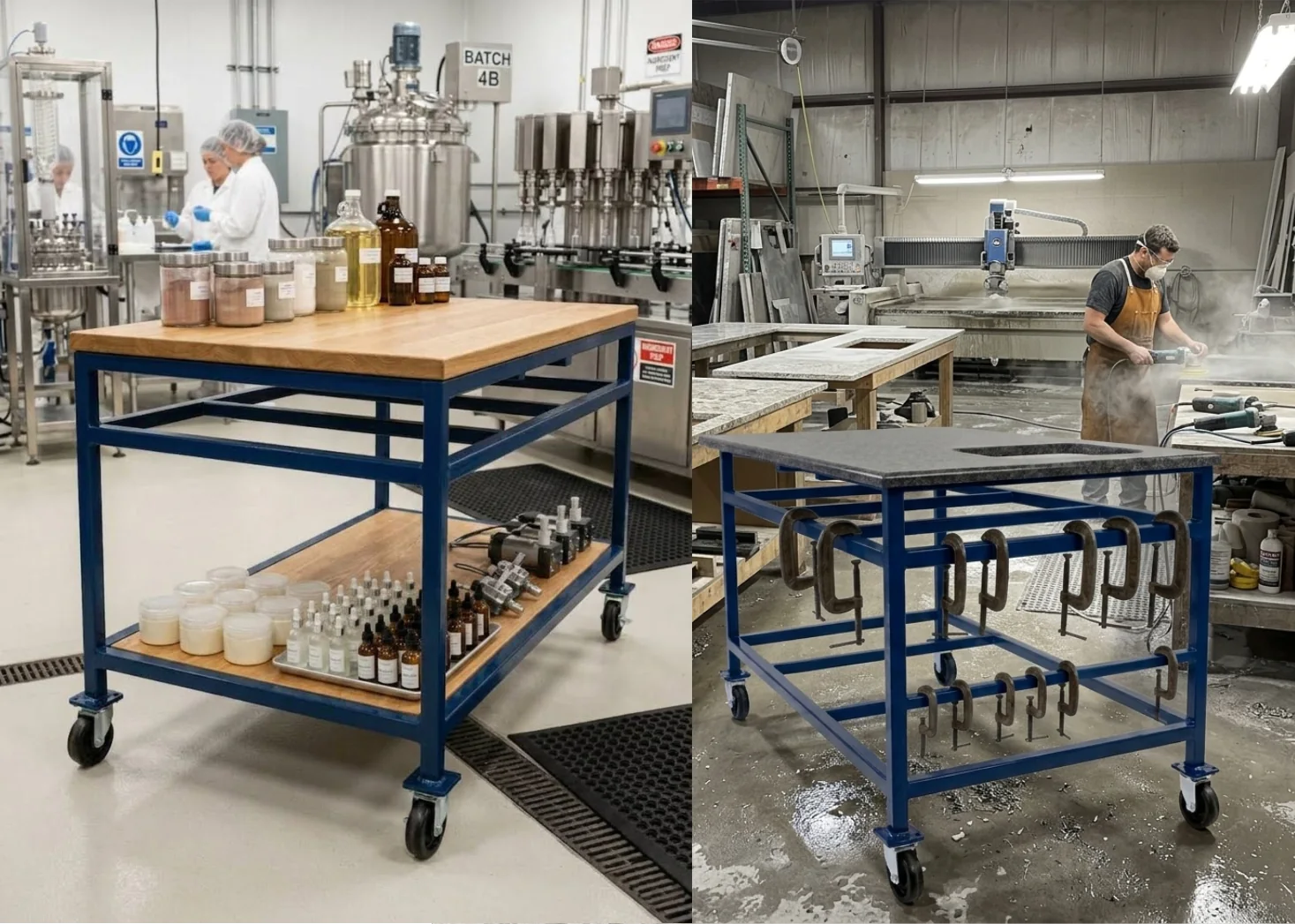 Blue three-tier triple stacker table on casters — Application example; size and configuration may vary