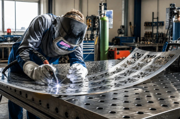TIG welding a curved decorative metal panel